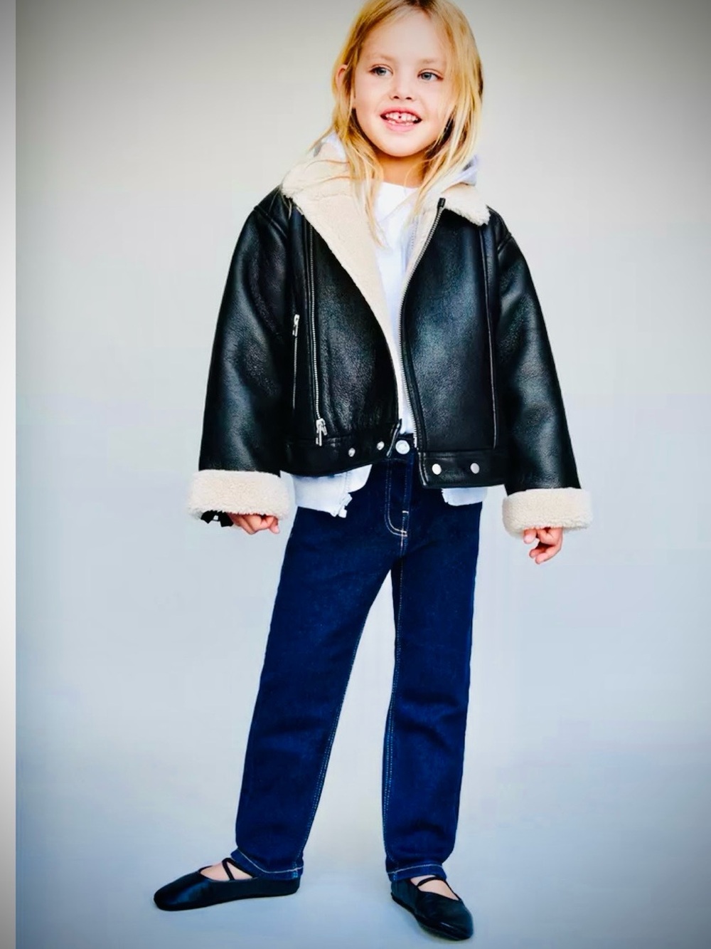 EUC- Zara Girls Black Faux Shearling Moto Biker Coat/Jacket  Size 6